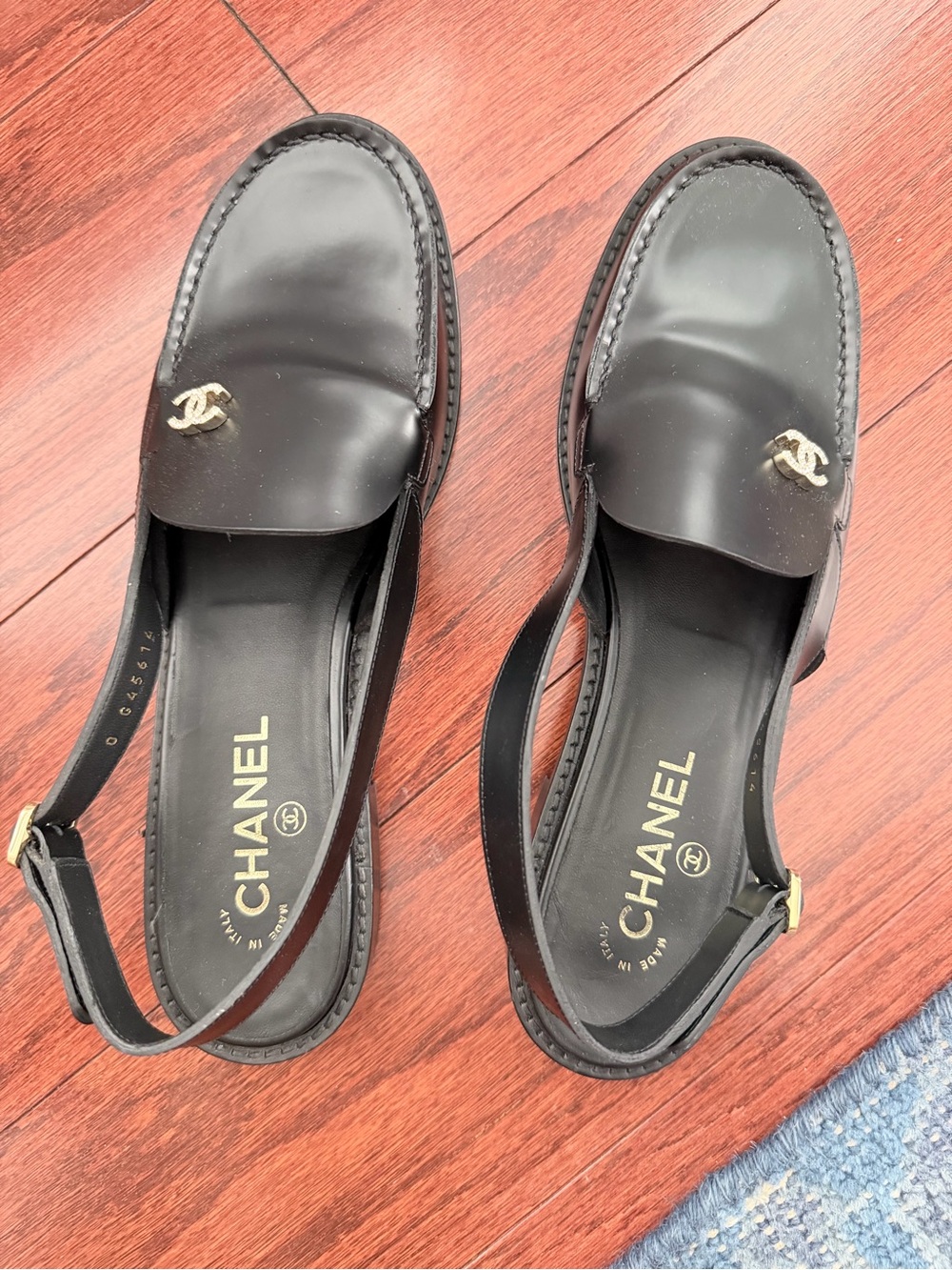 CHANEL Black Leather Slingback Loafers with Gold CC Hardware 41